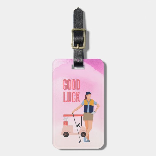 GOLF Good Luck Greeting Lady Woman Golfer op Roze Bagagelabel (Voorkant verticaal)