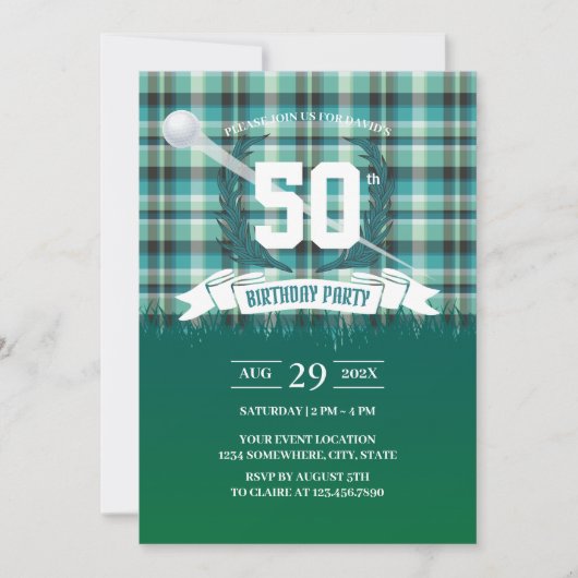 Golf Green Gingham Pattern 50th Birthday Party Kaart (Voorkant)