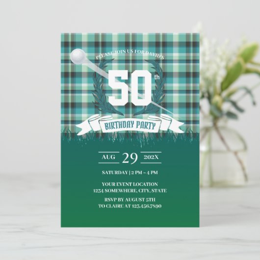 Golf Green Gingham Pattern 50th Birthday Party Kaart (Staand voorkant)