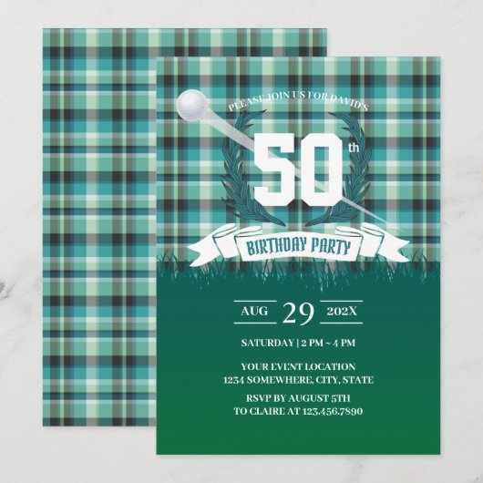 Golf Green Gingham Pattern 50th Birthday Party Kaart (Voorkant / Achterkant)