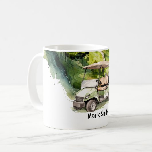 Golf groene golfkar op golfbaan koffiemok (Voorkant links)