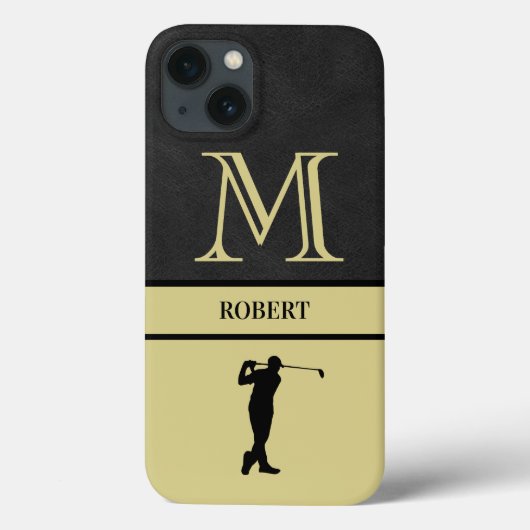 Golf Guy Black Leather Texture Monogram Name Case-Mate iPhone Case (Achterkant)