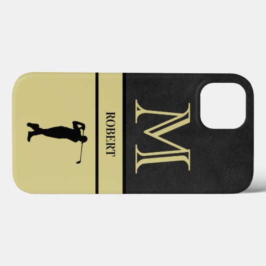 Golf Guy Black Leather Texture Monogram Name Case-Mate iPhone Case (Achterkant (horizontaal))