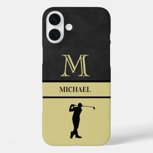 Golf Guy Black Leather Texture Monogram Name Case-Mate iPhone Case (Achterkant)
