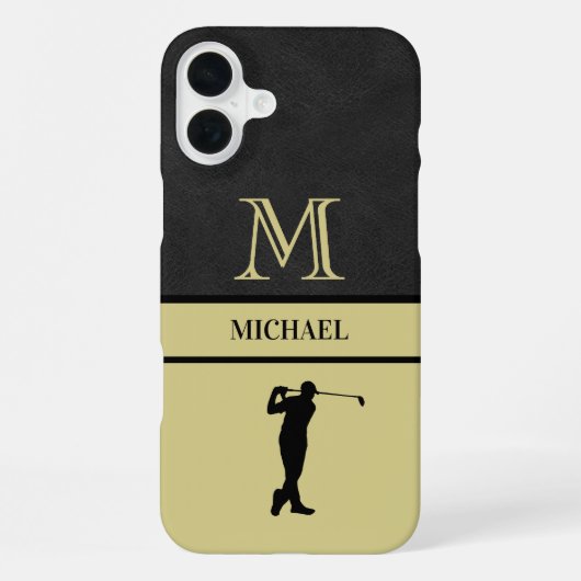 Golf Guy Black Leather Texture Monogram Name iPhone Hoesje (Achterkant)