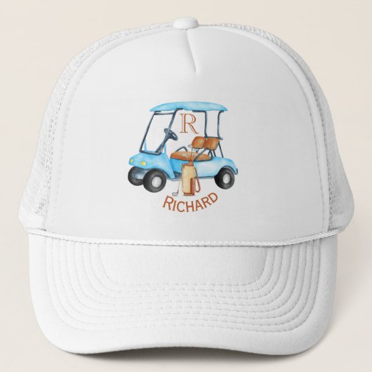Golf Guy Winkelwagen Clubs Monogram Naam Trucker Pet (Voorkant)