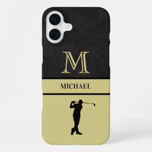 Golf Guy Zwarte Leer Textuur Monogram Naam iPhone 16 Plus Hoesje