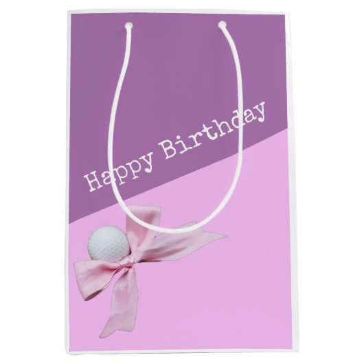 Golf Happy Birthday met Golfbal en roze lint Medium Cadeauzakje (Voorkant)