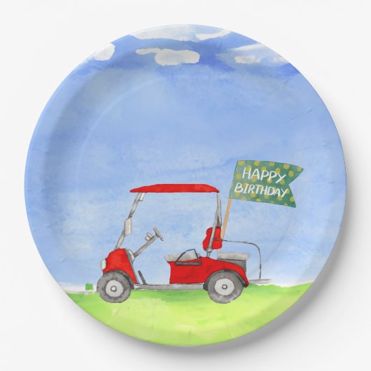 Golf Happy Birthday met golfkarretpapier Papieren Bordje (Voorkant)