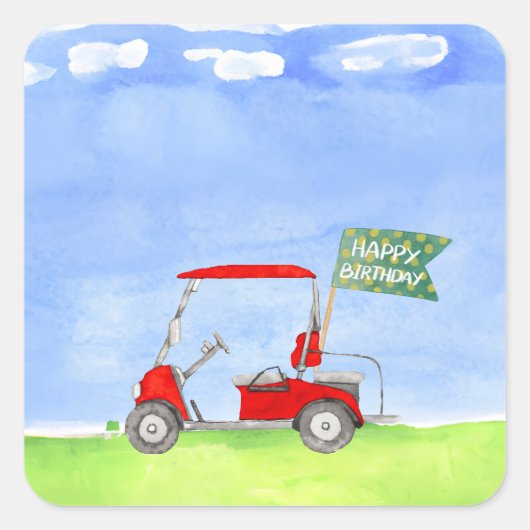 Golf Happy Birthday met golfkarretpapier Vierkante Sticker (Voorkant)