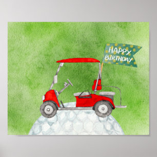 Golf Happy Birthday met golfkarretwaterverf Poster