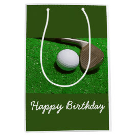 Golf Happy Birthday-tas met golfbal op groen Medium Cadeauzakje