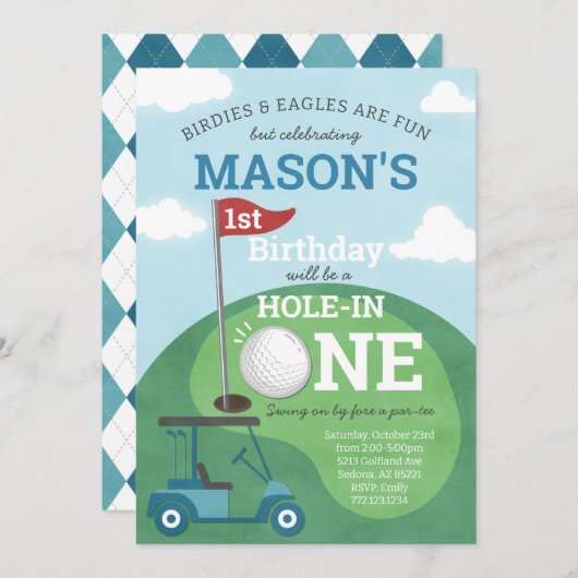 Golf Hole in een eerste verjaardagsfeestuitnodigin Kaart (Voorkant / Achterkant)