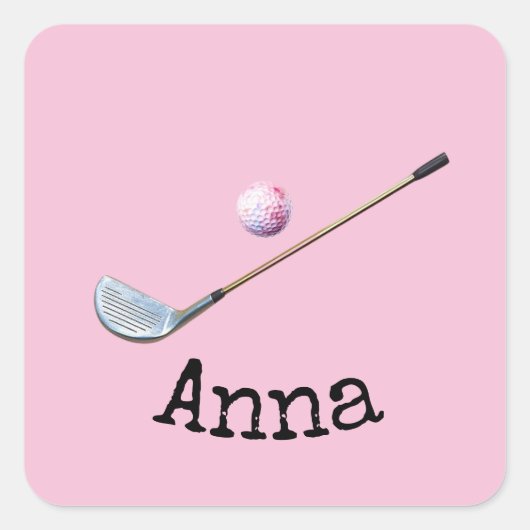 Golf ijzer en bal roze thema voor vrouw vierkante sticker (Voorkant)