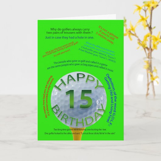 Golf Jokes verjaardagskaart voor 15-jarige Kaart (Gele Bloem)