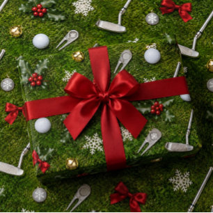 Golf Kerst Uitrusting Patroon op groen gras Cadeaupapier