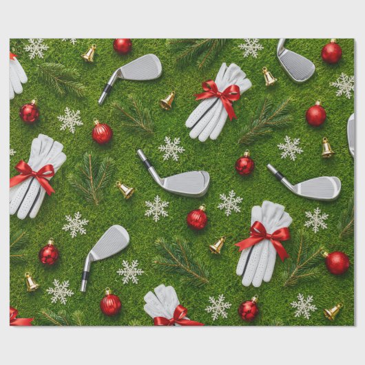 Golf Kerst Uitrusting Patroon op Groen Gras Cadeaupapier (Vlak)