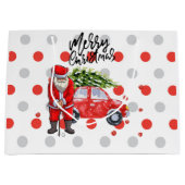 Golf kerstboom op rode auto met kerstman groot cadeauzakje (Voorkant)