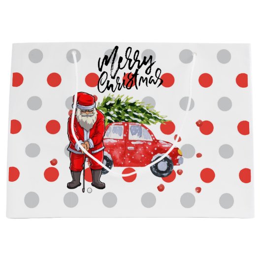 Golf kerstboom op rode auto met kerstman groot cadeauzakje (Voorkant)