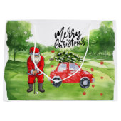 Golf kerstboom op rode auto met kerstman groot cadeauzakje (Voorkant)