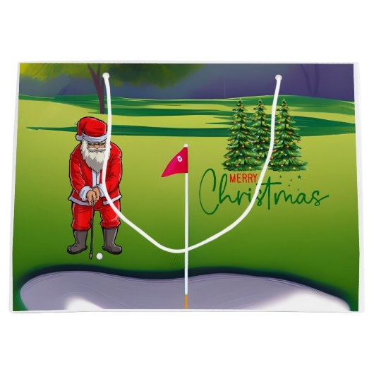 Golf kerstboom op rode auto met kerstman groot cadeauzakje (Voorkant)