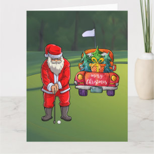 Golf kerstboom op rode auto met kerstman kaart