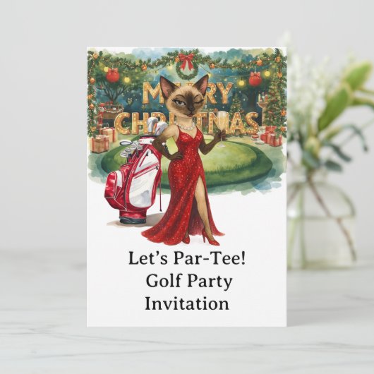 Golf kerstfeest met kat op het zetten van groen kaart (Staand voorkant)