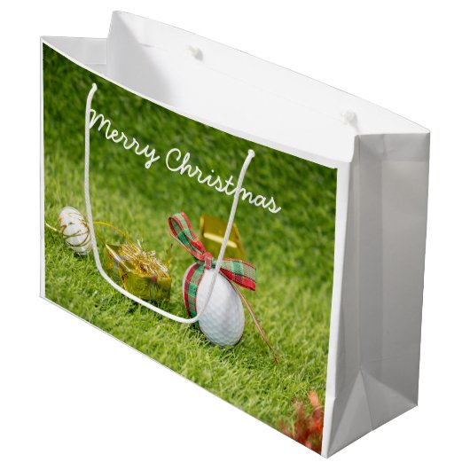 Golf-kerstfeestdag golfbal en sierbal groot cadeauzakje (Voorkant Gekanteld)