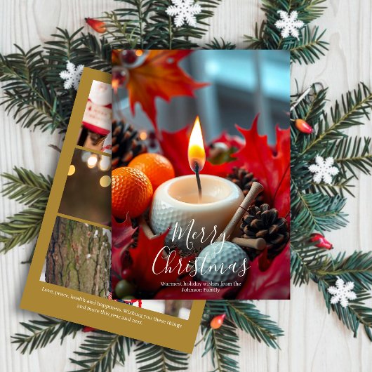 Golf Kerstkaars · Drie foto goud Feestdagenkaart