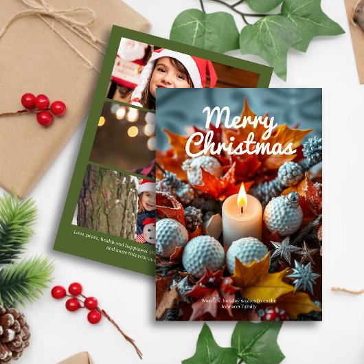 Golf Kerstkaars · Drie Foto Groen Feestdagenkaart