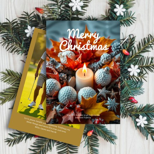 Golf Kerstkaars · Familiefoto Goud Feestdagenkaart