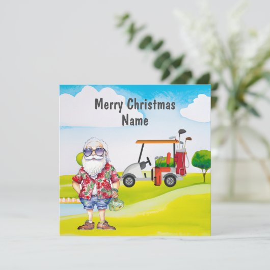 Golf-kerstkaart met Golfkart en golfer voor clubs (Staand voorkant)