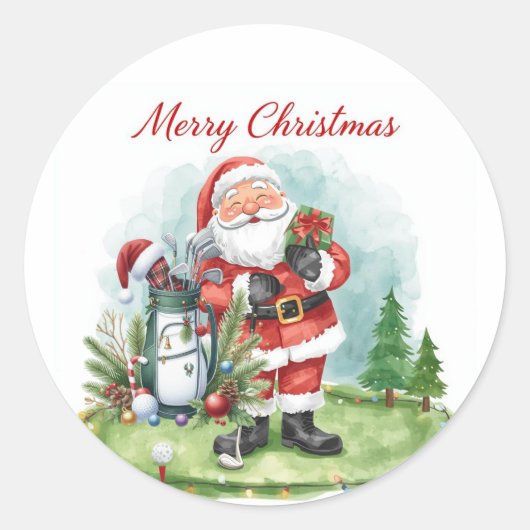 Golf kerstkerstman met golfkarretje ronde sticker (Voorkant)