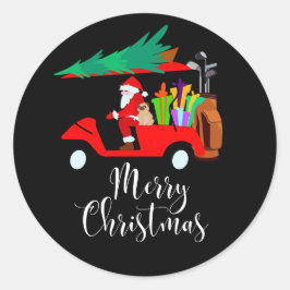 Golf kerstkerstman met golfkarretje ronde sticker