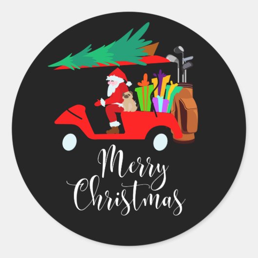 Golf kerstkerstman met golfkarretje ronde sticker (Voorkant)