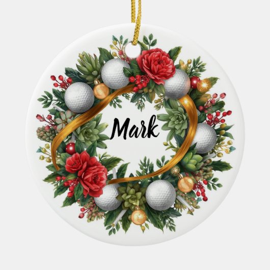 Golf Kerstkrans met naam van golfer Keramisch Ornament (Voorkant)