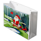 Golf Kerstman met rode kar op groen Groot Cadeauzakje (Voorkant Gekanteld)