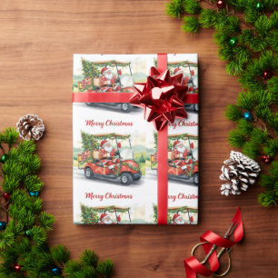 Golf Kerstman rijdt in rode kar over Kerstboom Cadeaupapier