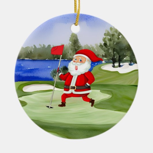 Golf Kerstman Sinterklaas houdt vlag op groen Keramisch Ornament (Voorkant)