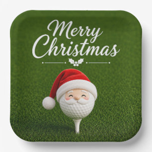Golf Kerstmis met bal en kerstman hoed op groen Papieren Bordje