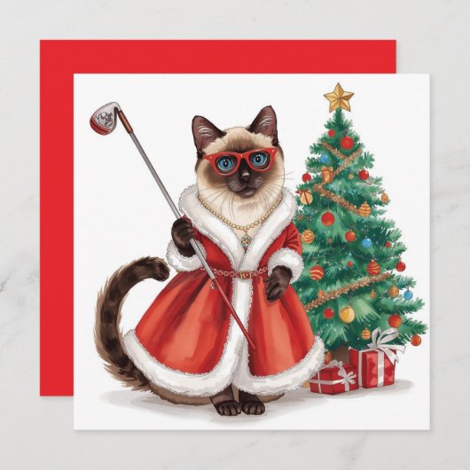 Golf Kerstmis thema met Siamese Cat Golfer Feestdagenkaart (Voorkant / Achterkant)