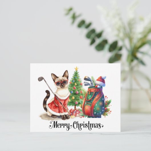 Golf Kerstmis thema met Siamese Cat Golfer Feestdagenkaart (Staand voorkant)