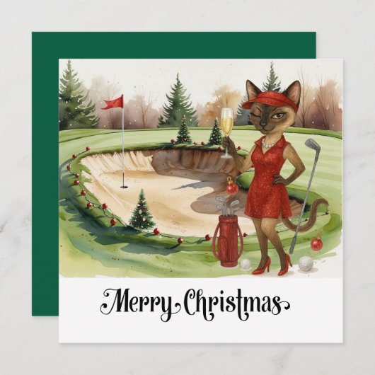 Golf Kerstmis thema met Siamese Cat Golfer Feestdagenkaart (Voorkant / Achterkant)