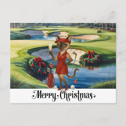 Golf Kerstmis thema met Siamese Cat Golfer Feestdagenkaart (Voorkant)