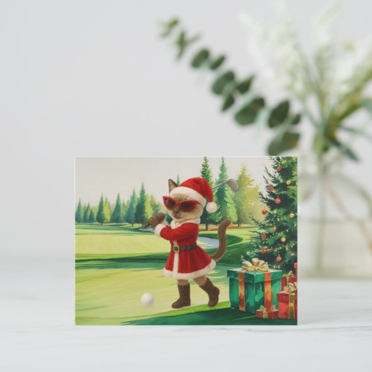 Golf Kerstmis thema voor Cat Woman Golfer Feestdagenkaart (Staand voorkant)