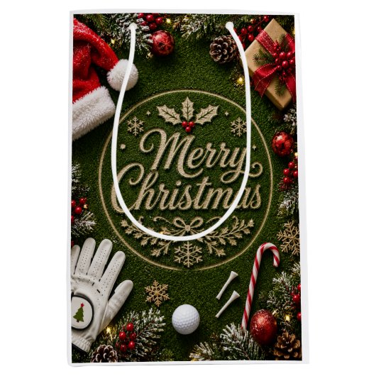 Golf Kerstthema op groen gras Medium Cadeauzakje (Voorkant)