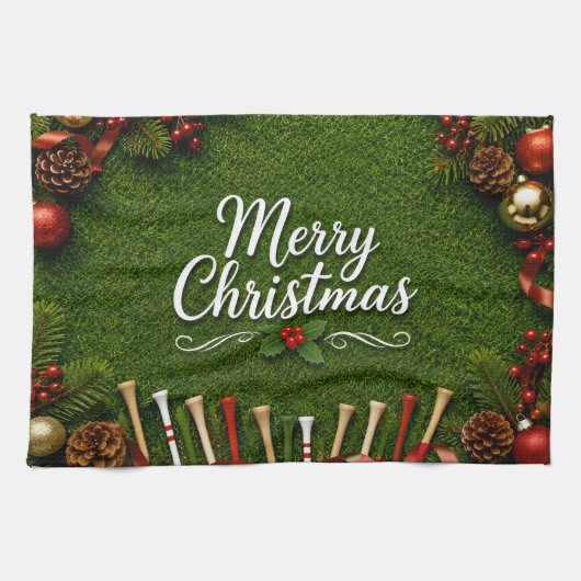 Golf Kerstthema op groen gras Theedoek (Horizontaal)