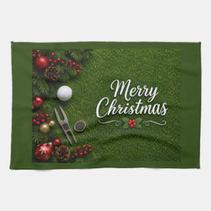 Golf Kerstthema op groen gras Theedoek