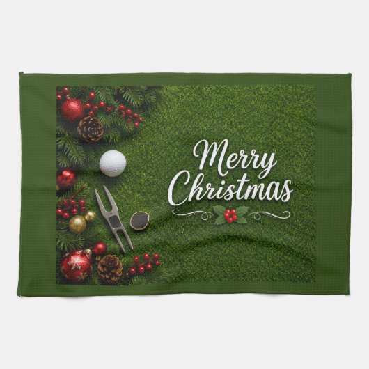 Golf Kerstthema op groen gras Theedoek (Horizontaal)