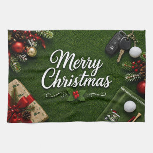 Golf Kerstthema op groen gras Theedoek